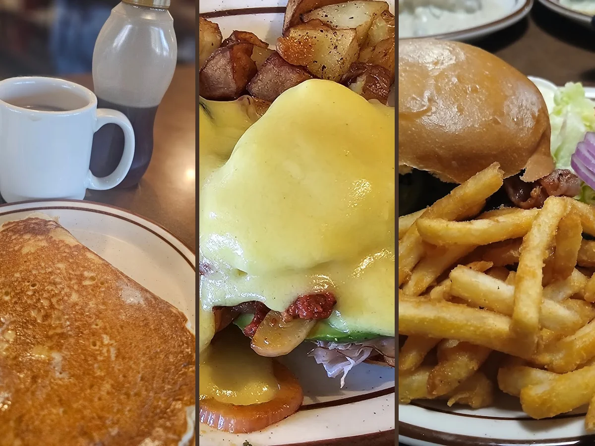 Coffee cups beside classic American comfort food.